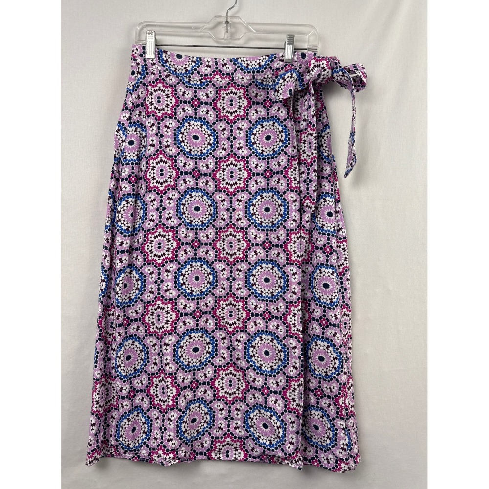 LOFT Wrap Skirt Women 4 Purple Blue Linen Blend Medallion Midi Tie Side